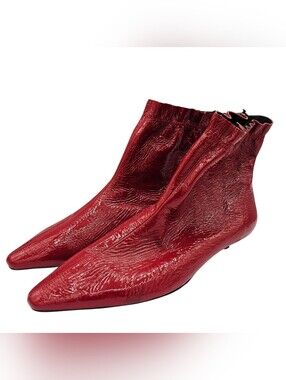 Zara Red Patent Finish Leather Kitten Heel Ankle Boots NWT